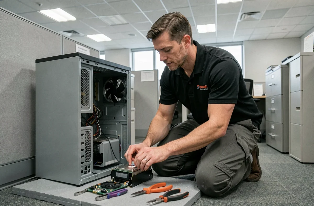 Technicien d'Acatus Informatique remplaçant un composant dans un poste de travail professionnel