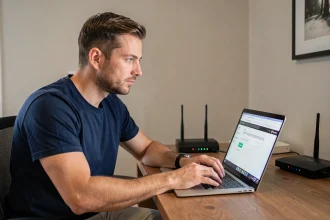 Homme utilisant un navigateur web pour accéder à l'adresse IP de sa box internet via un ordinateur portable posé sur un bureau à domicile