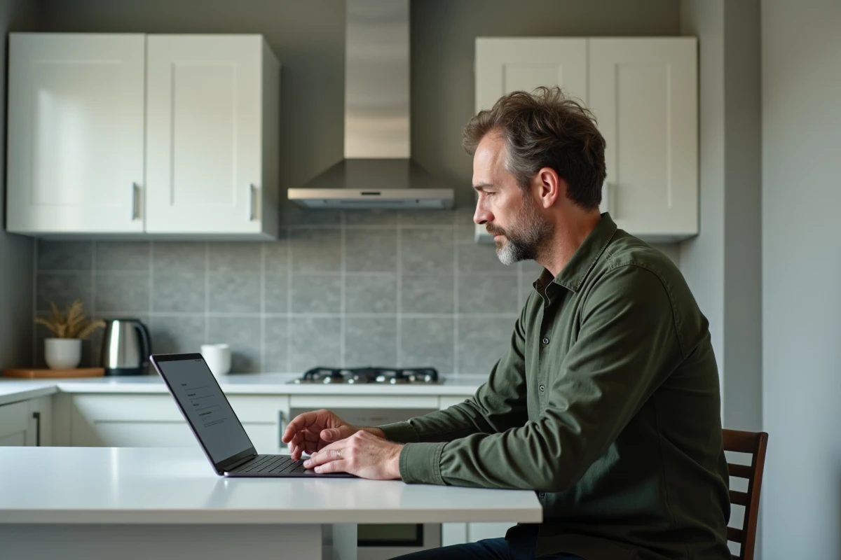 Homme accédant à l'interface de connexion Mafreebox depuis une tablette dans une cuisine moderne