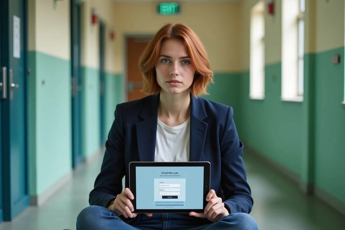 Jeune enseignante accédant à sa messagerie académique Amiens via une tablette dans un couloir d'établissement scolaire