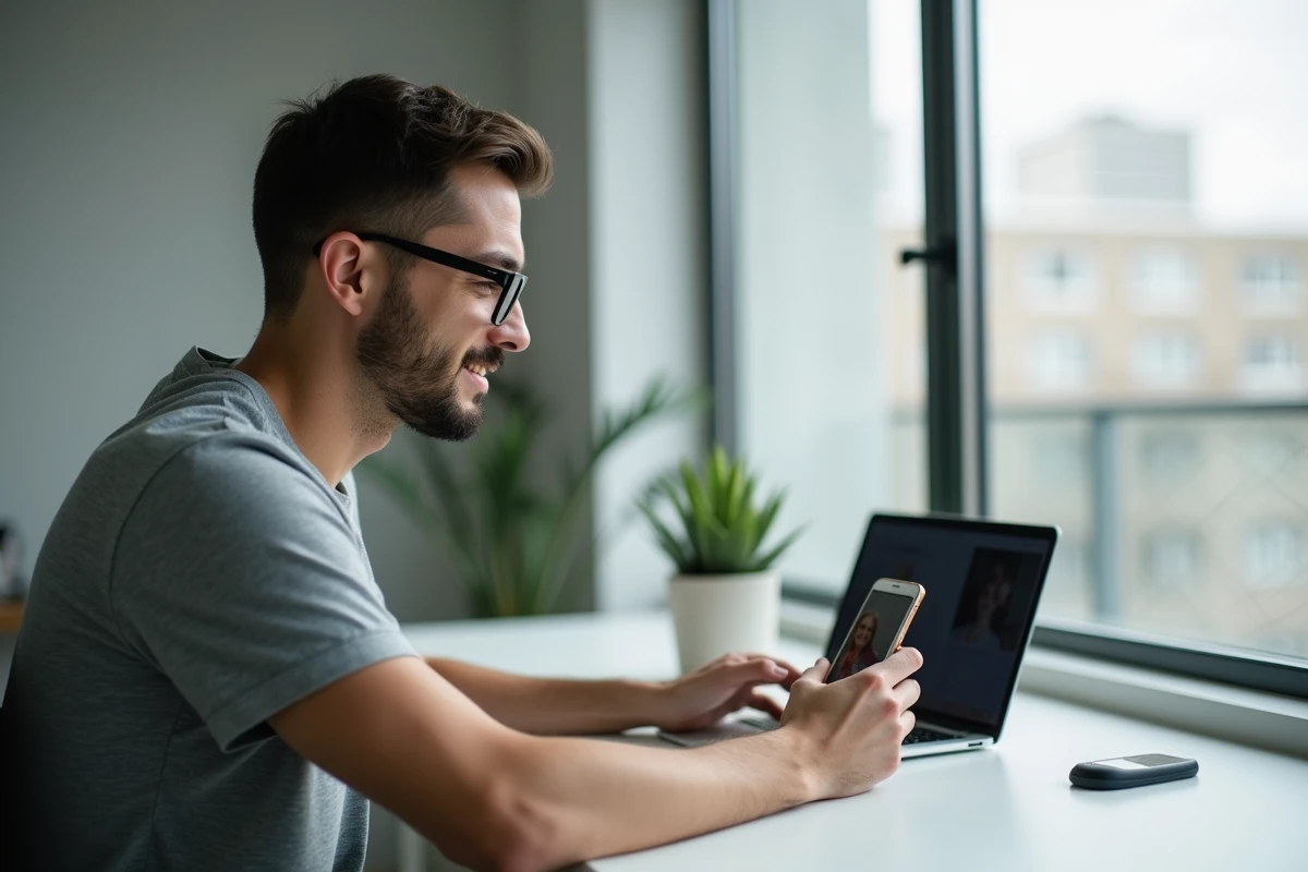 Homme utilisant une application mobile pour accéder à des profils Instagram depuis son bureau à domicile