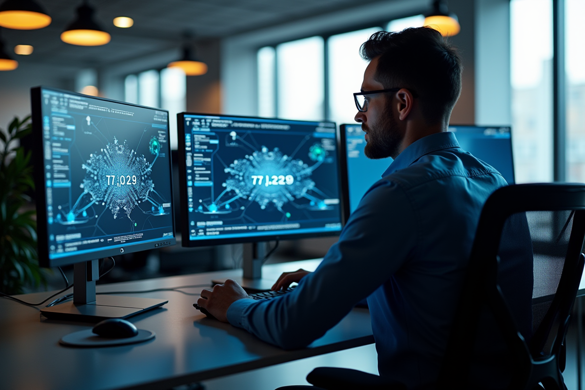 Administrateur reseau travaillant sur un bureau moderne avec ecrans affichant des adresses IP