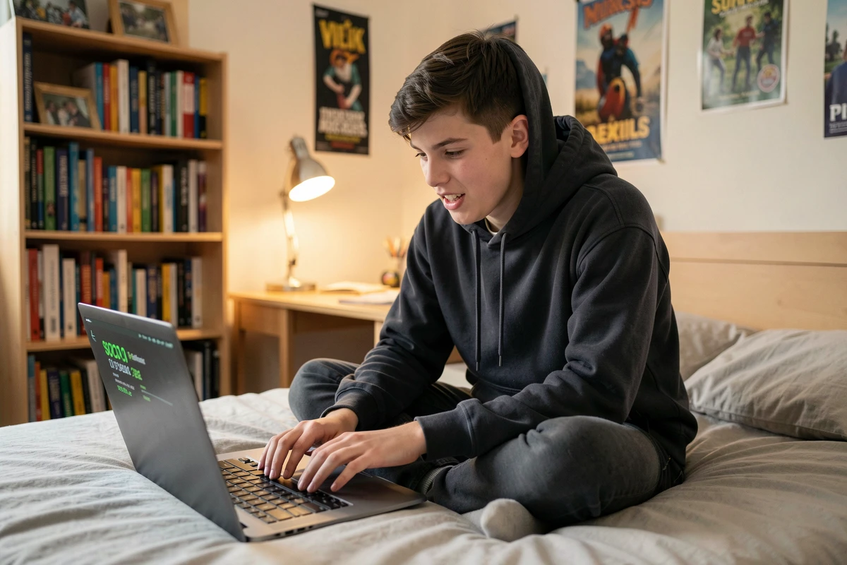 Adolescent en sweatshirt testant sa vitesse de frappe sur un laptop dans sa chambre d'étudiant