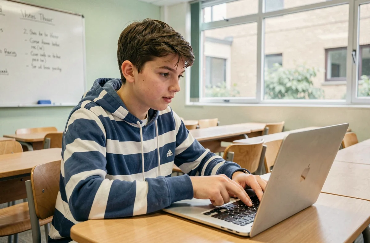 Un adolescent en classe montrant la touche Shift sur le clavier de son ordinateur portable
