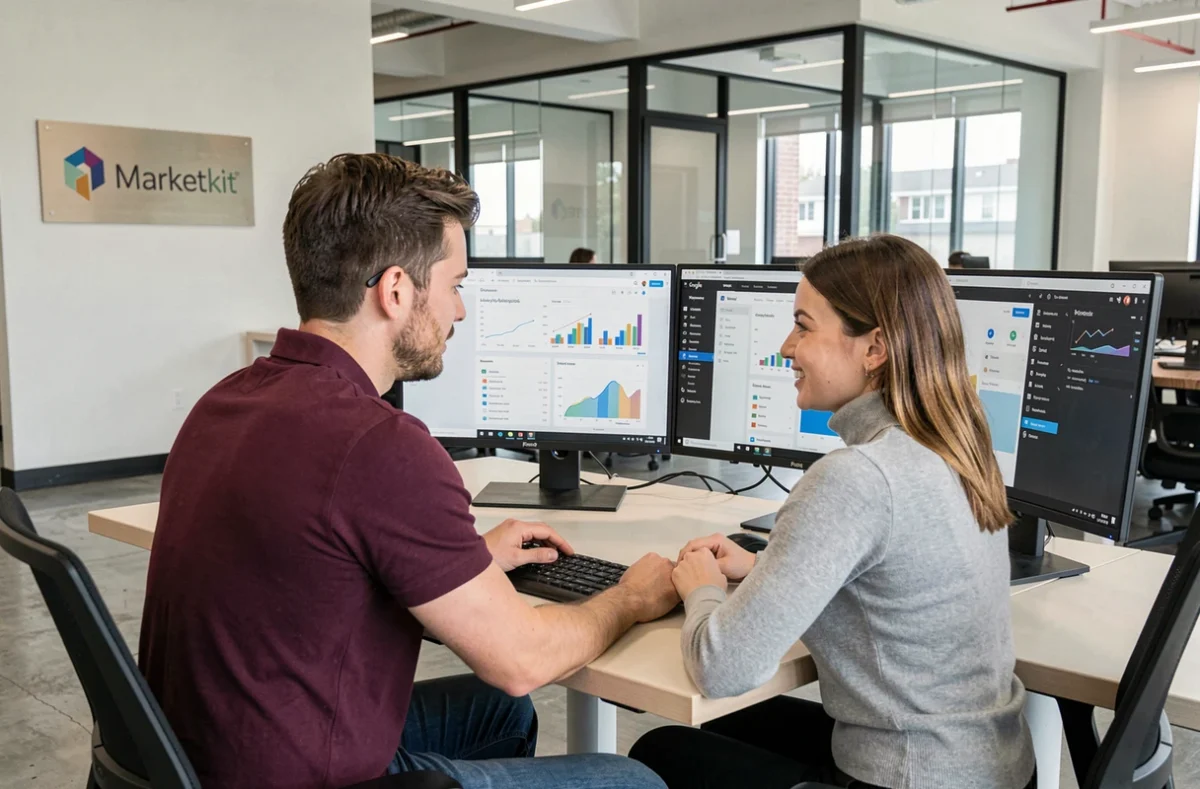 Équipe de l'agence Marketkit dans la Vienne analysant des données marketing sur WordPress