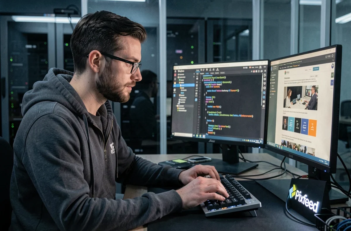 Développeur front-end de l'agence Pixfeed dans la Vienne codant un thème WordPress sur double écran