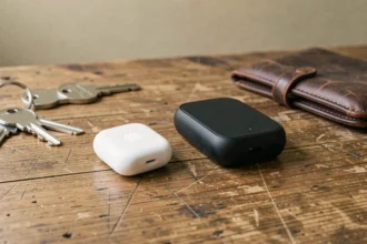 Comparaison entre un AirTag Apple et un traceur GPS classique posés sur un bureau en bois avec des clés et un portefeuille