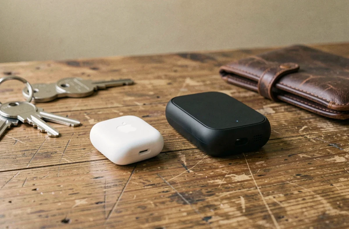 Comparaison entre un AirTag Apple et un traceur GPS classique posés sur un bureau en bois avec des clés et un portefeuille