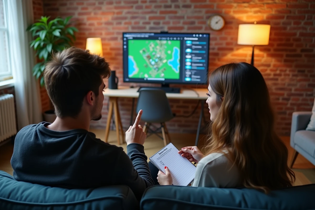 Deux amis paramétrant ensemble un hébergeur serveur Minecraft gratuit dans un appartement moderne