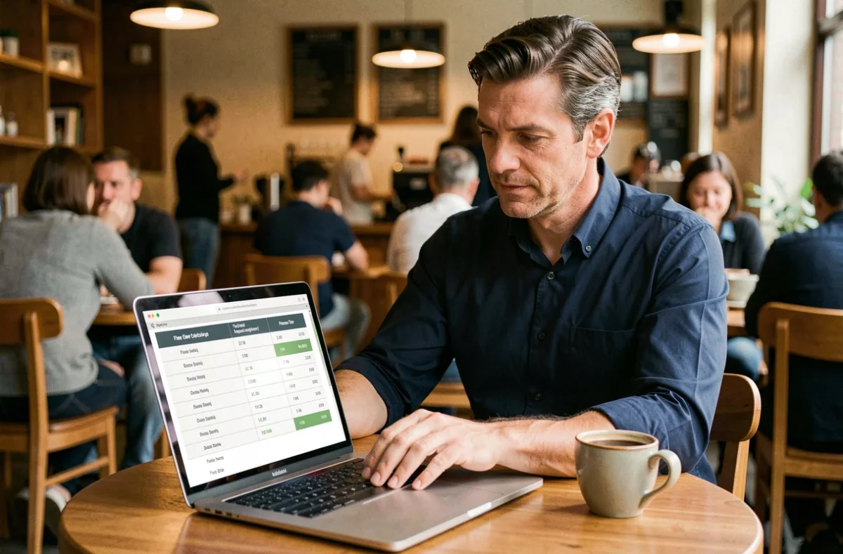 Homme analysant un tableau comparatif de fonctionnalités gratuites et premium sur un ordinateur portable dans un café