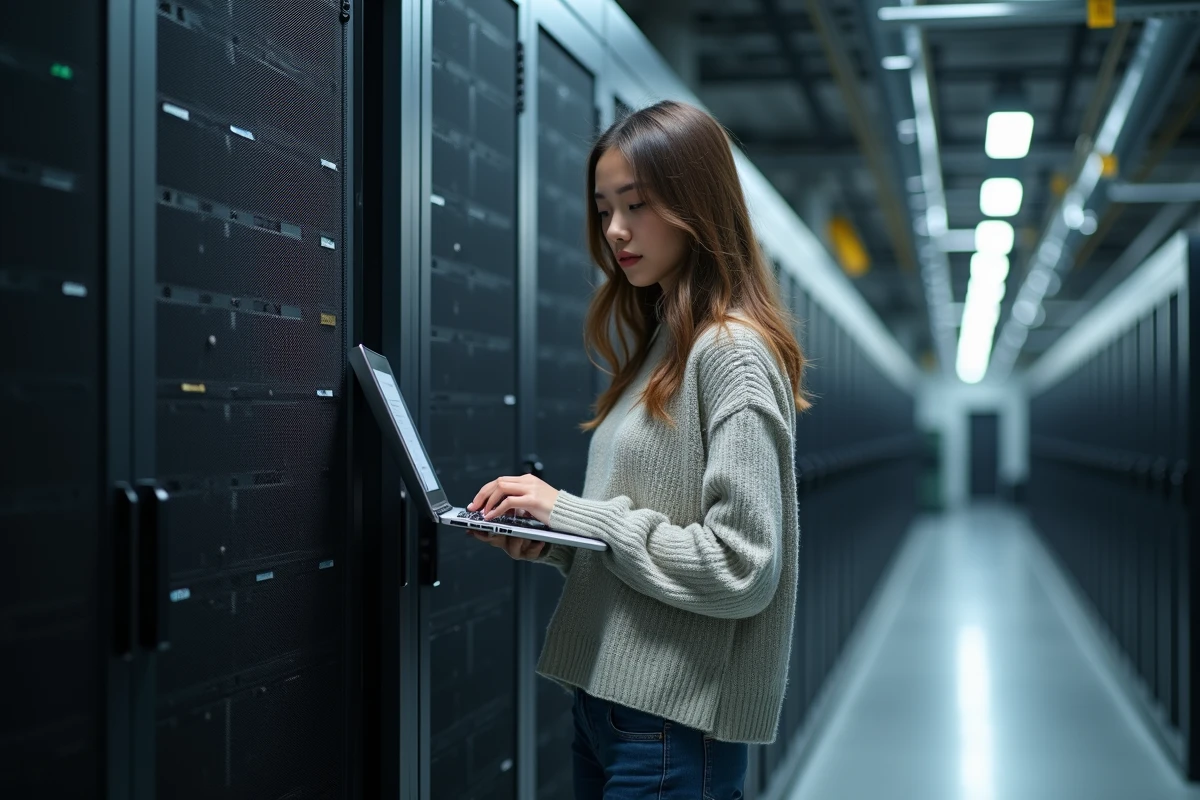 Jeune femme analyste cybersécurité dans un centre de données