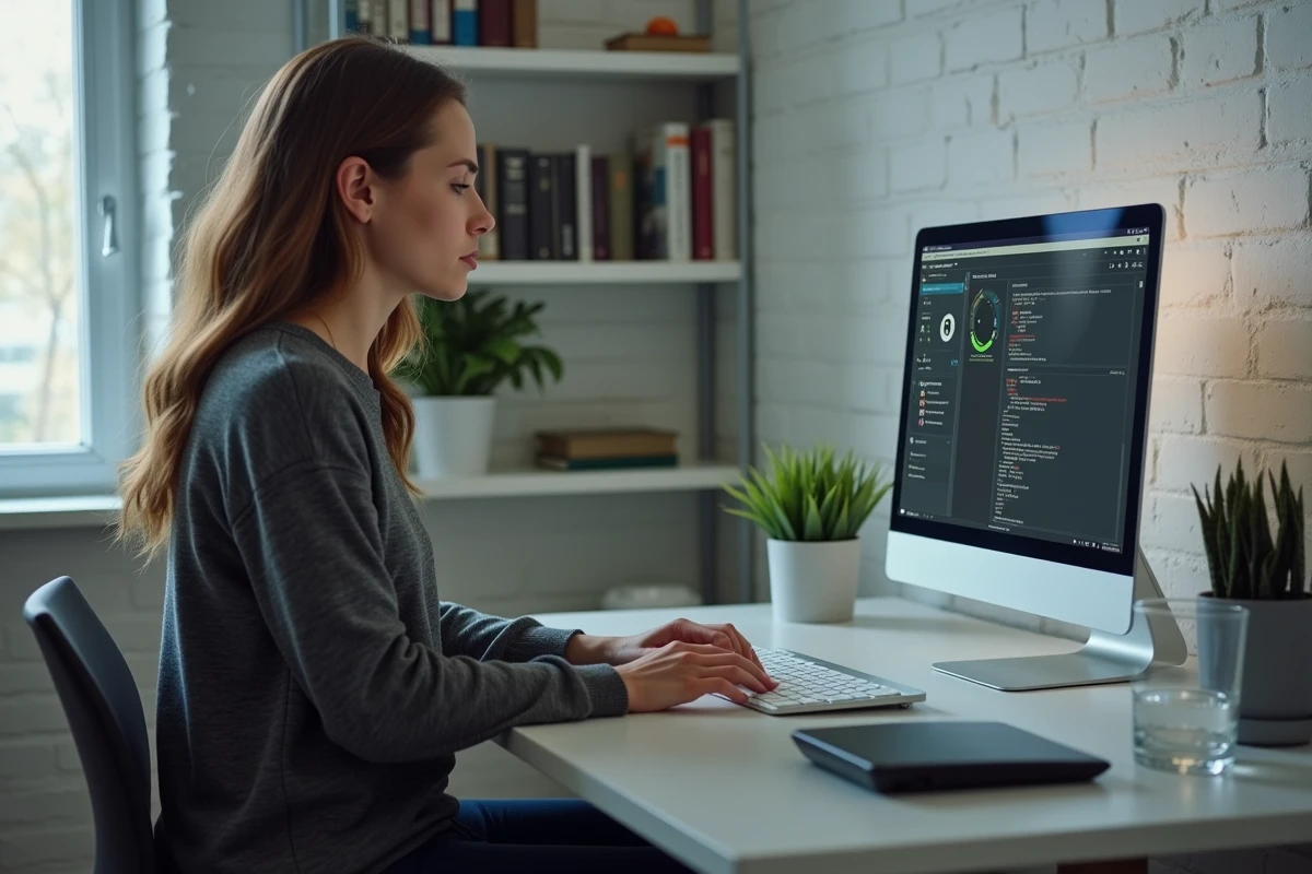 Analyste informatique frustrée devant un Excel figé pendant l'exécution d'une macro VBA avec boucle For lente, bureau à domicile minimaliste