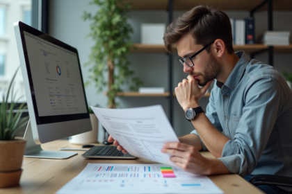 Jeune homme analysant un tableau de site web au bureau