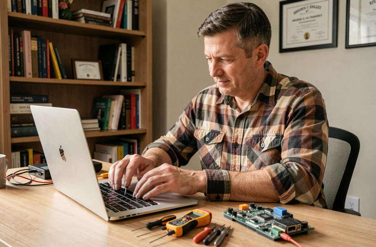 Antoine Salengrois, technicien informatique indépendant dans le Nord, réparant un MacBook Pro dans son bureau à domicile