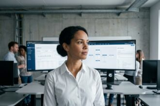 Architecte logicielle devant des écrans affichant des schémas d'intégration d'IA générative dans un système d'information d'entreprise