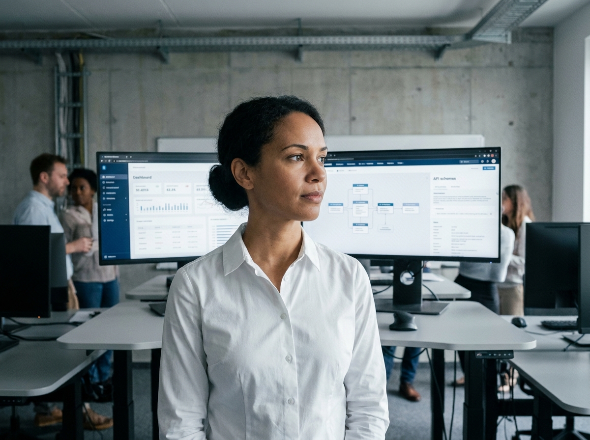 Architecte logicielle devant des écrans affichant des schémas d'intégration d'IA générative dans un système d'information d'entreprise