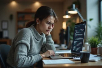 Femme frustrée devant un écran d'ordinateur affichant des arobase à la place des lettres accentuées