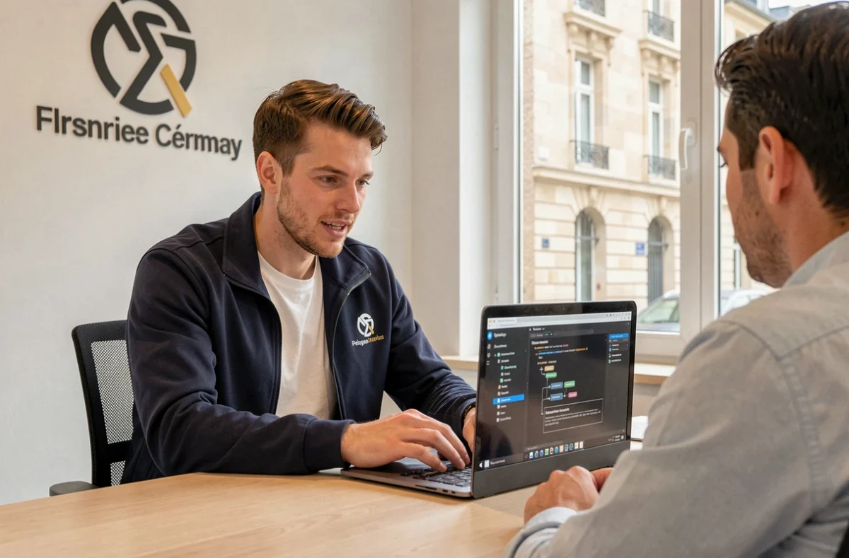 Technicien Assistech Informatique Périgueux expliquant une solution logicielle à un chef d'entreprise