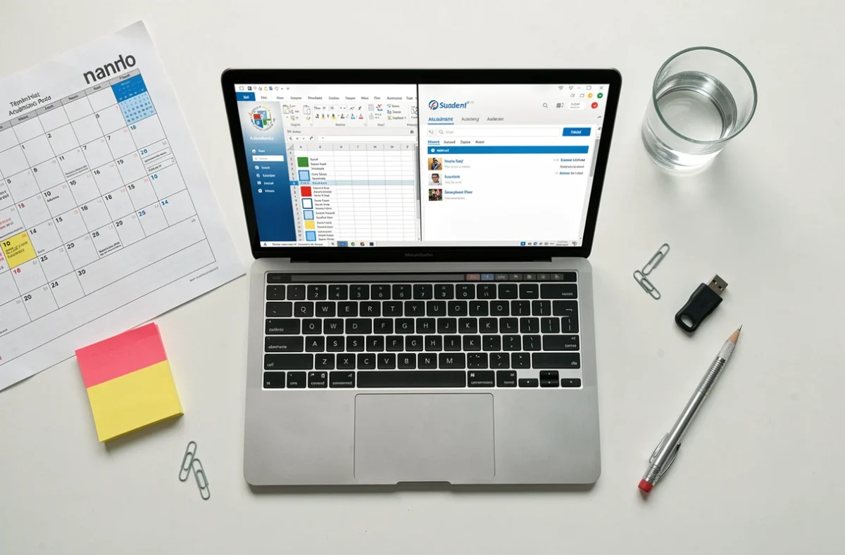 Vue en plongée d'un bureau étudiant avec ordinateur affichant un comparatif entre tableur Excel et outil de suivi scolaire