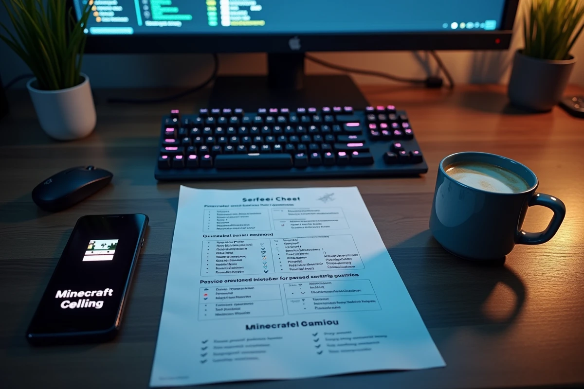 Vue aérienne d'un bureau de gamer avec guide imprimé pour héberger un serveur Minecraft gratuitement
