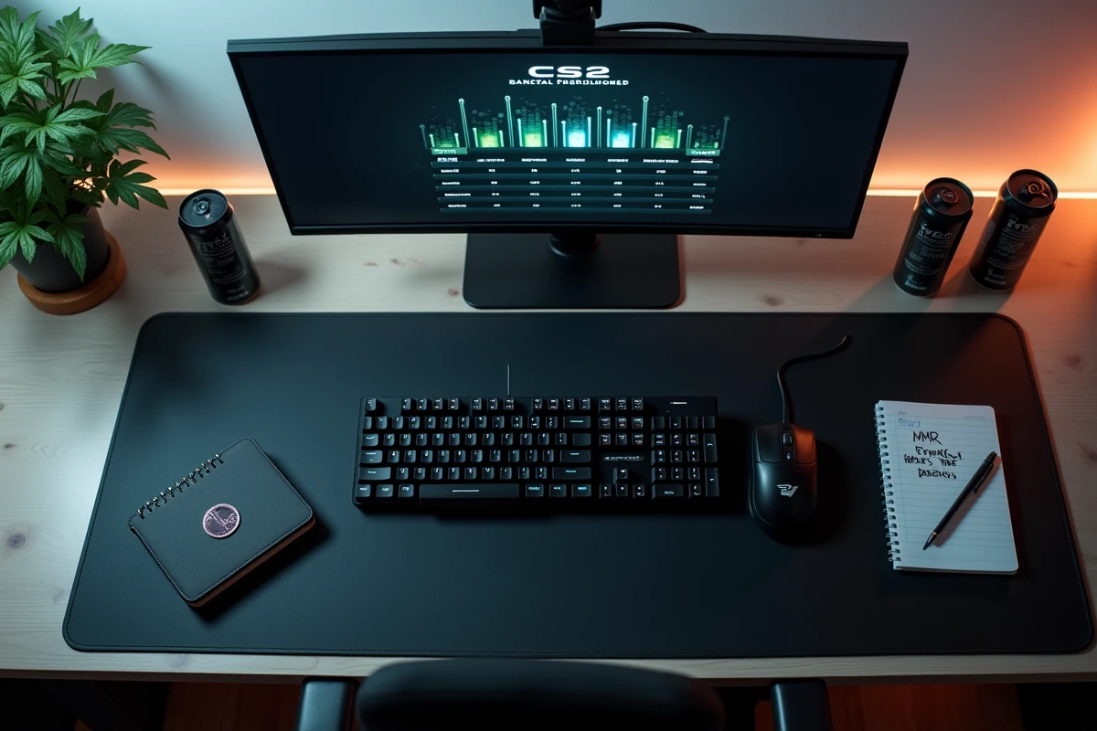 Vue aérienne d'un bureau gaming avec tableau des rangs CS2 affiché à l'écran et notes MMR manuscrites