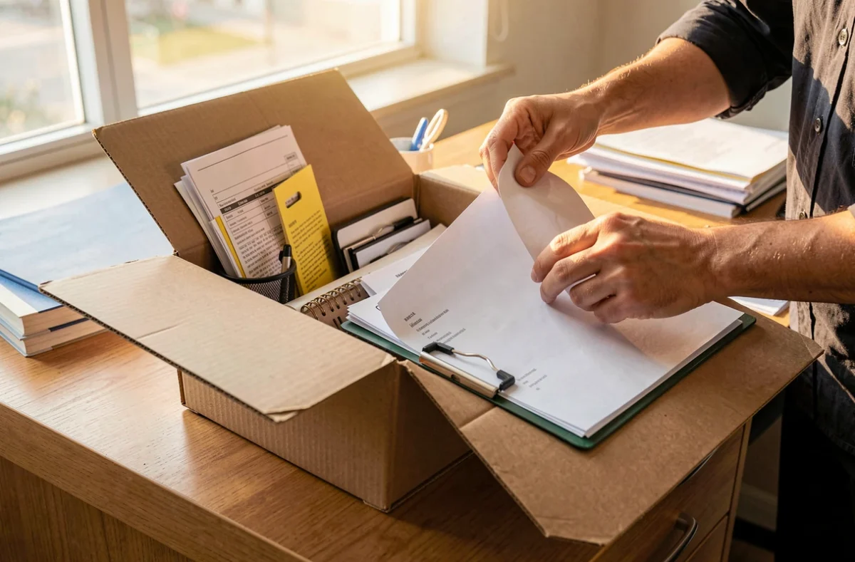 Cartons de déménagement et dossiers de bureau lors d'un départ d'entreprise