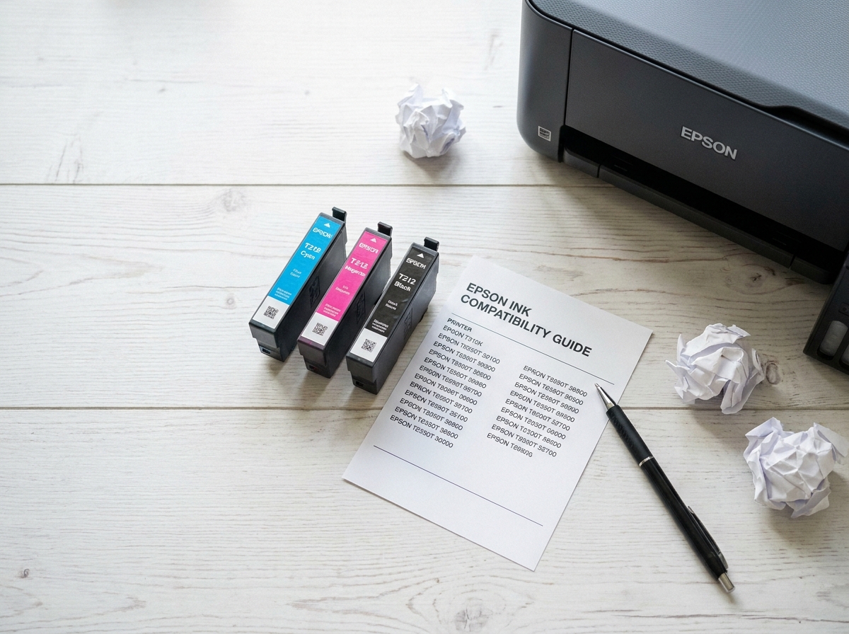 Gros plan de cartouches Epson couleur et noire posées sur un bureau blanc avec fiche de compatibilité