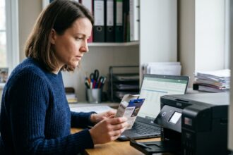 Femme comparant des cartouches Epson devant son imprimante dans un bureau à domicile