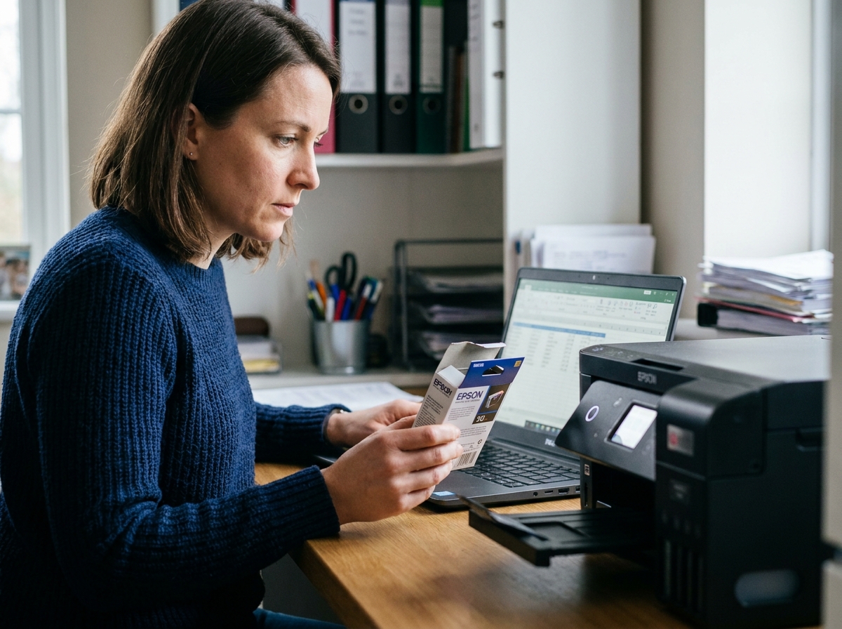 Femme comparant des cartouches Epson devant son imprimante dans un bureau à domicile