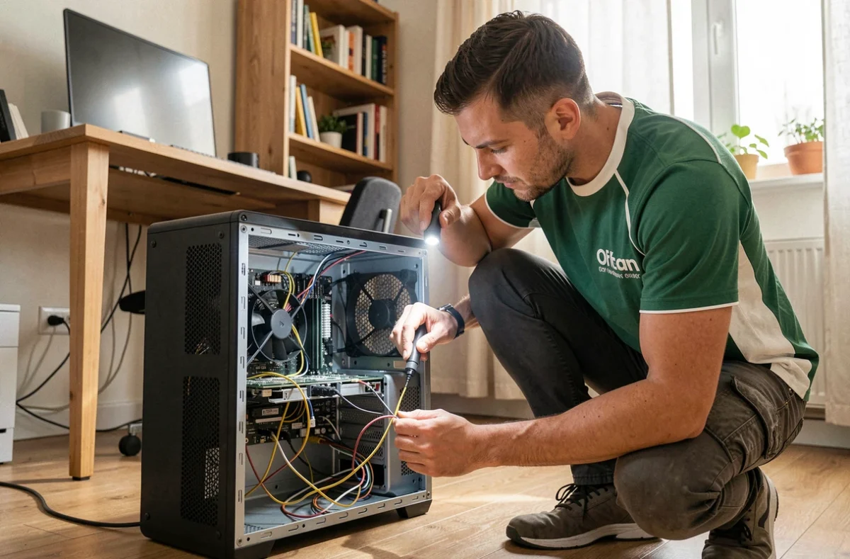 Technicien de Clém@'tique réparant un ordinateur à domicile près d'Orléans