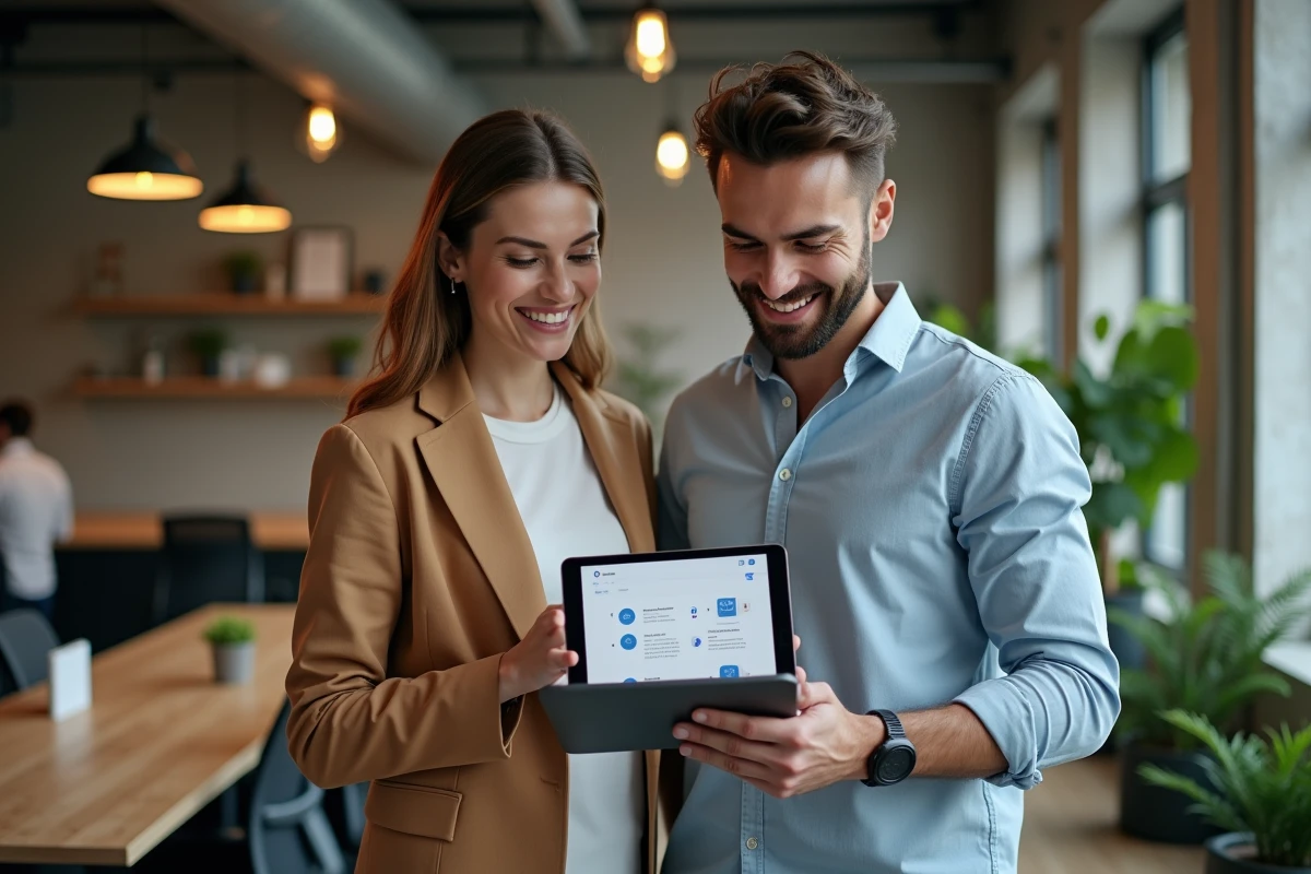 Deux collègues consultant un guide interactif étape par étape sur tablette pour débuter avec le protocole de réception courrier PIX