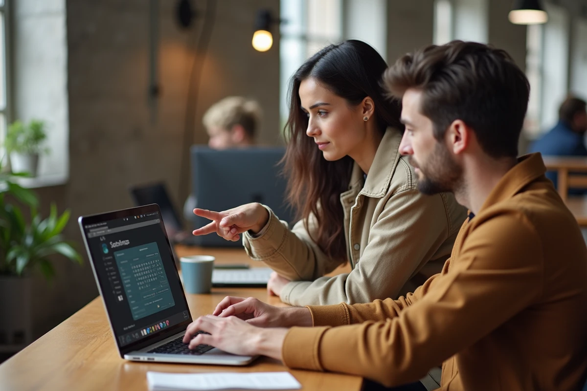 Deux collègues collaborant pour résoudre un problème de raccourci de caractère sur un clavier AZERTY dans un espace de coworking