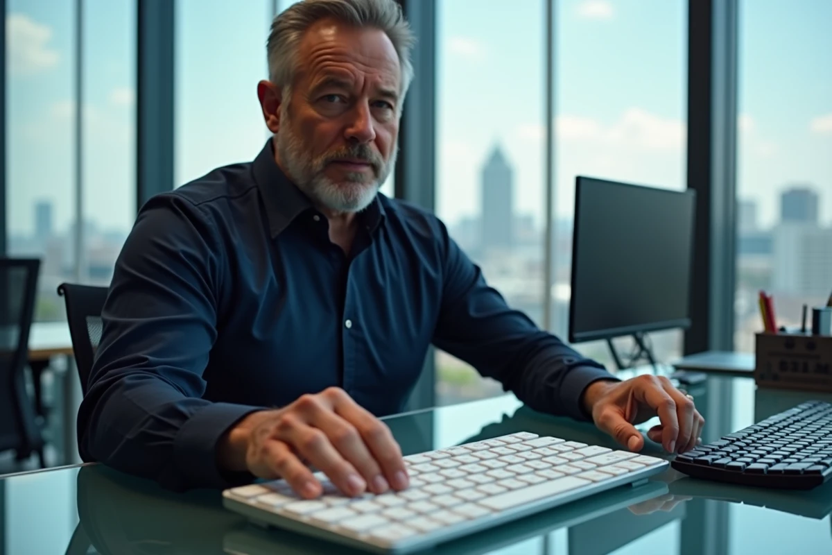 Comparaison du clavier Mac Apple Magic Keyboard et d'un clavier Windows côte à côte sur un bureau en verre