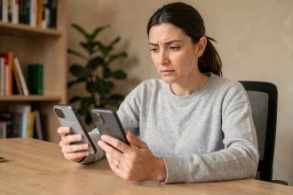 Femme comparant deux offres d'abonnement sur des smartphones dans un bureau moderne, illustrant le choix entre fonctionnalités gratuites et payantes