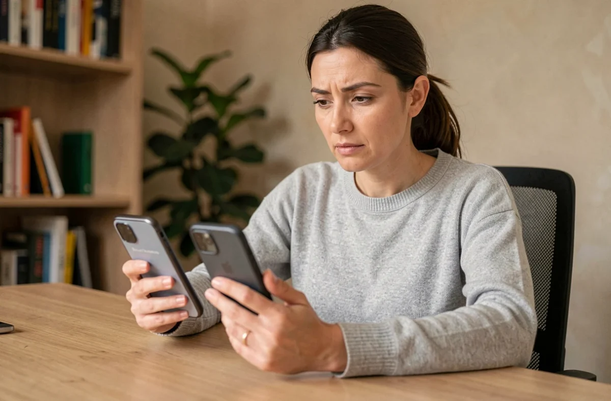 Femme comparant deux offres d'abonnement sur des smartphones dans un bureau moderne, illustrant le choix entre fonctionnalités gratuites et payantes