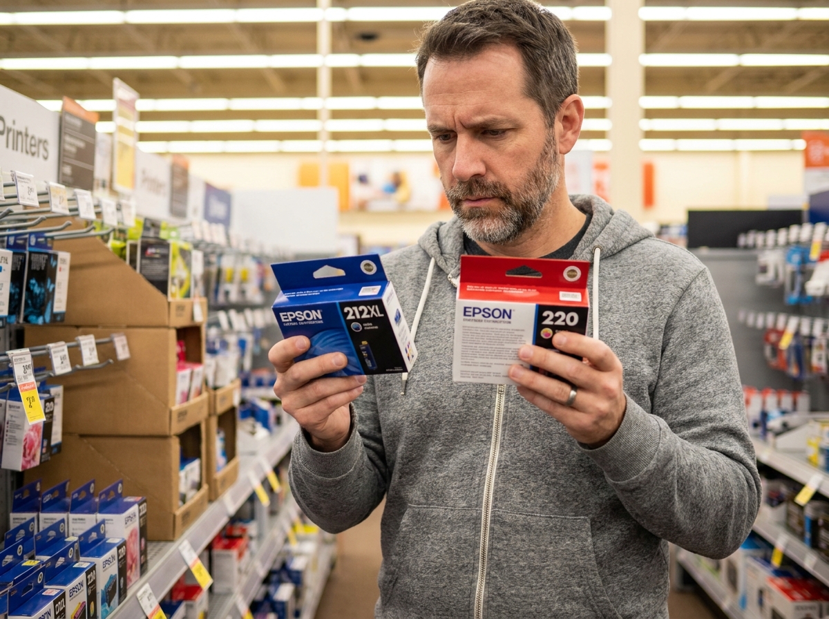 Homme comparant deux boîtes de cartouches Epson dans un rayon de magasin électronique