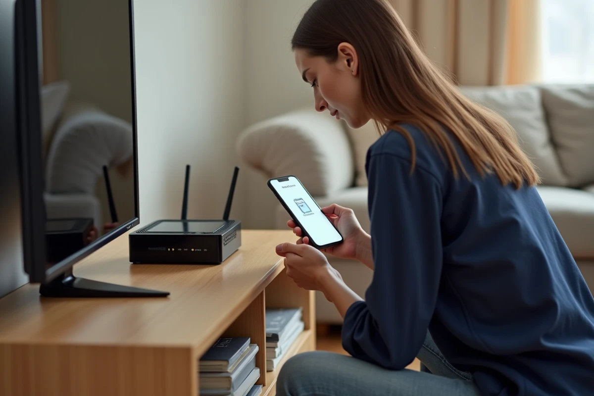 Femme consultant son smartphone pour configurer sa Freebox sans code d'activation dans le salon