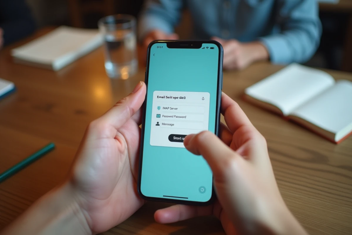 Mains configurant un client de messagerie IMAP sur smartphone dans un café pour pallier l'indisponibilité du webmail Versailles