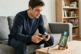 Homme connectant une manette PS4 à un téléphone Android via câble USB pour jouer dans son salon