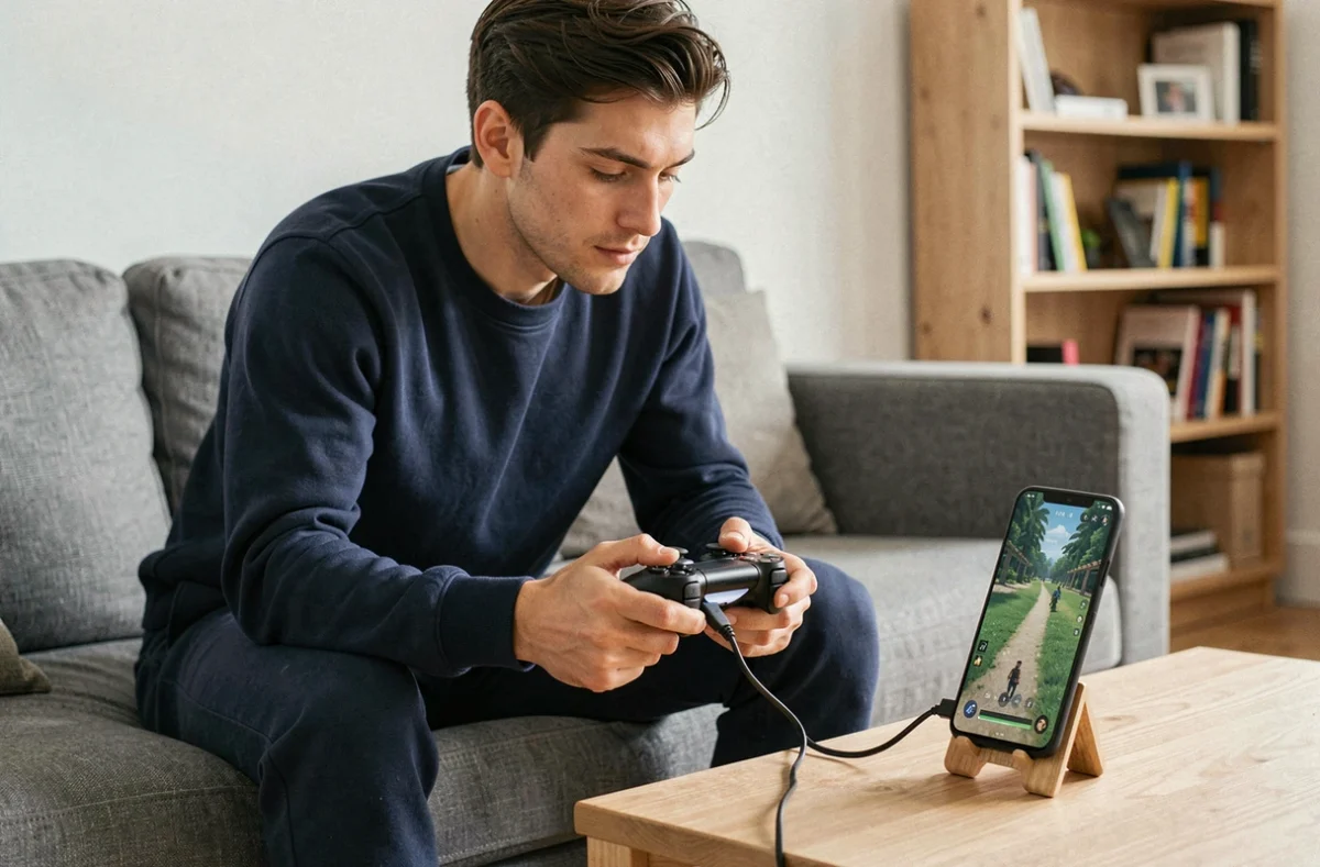 Homme connectant une manette PS4 à un téléphone Android via câble USB pour jouer dans son salon
