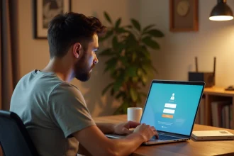 Homme connecté à son espace Mafreebox sur un ordinateur portable depuis son bureau à domicile