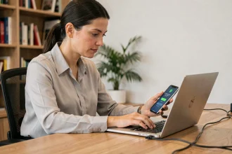 Femme connectant son compte MyPeopleDoc en toute sécurité depuis son bureau à domicile avec authentification à deux facteurs