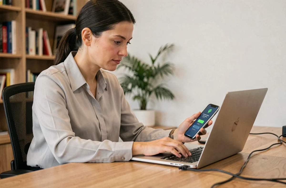 Femme connectant son compte MyPeopleDoc en toute sécurité depuis son bureau à domicile avec authentification à deux facteurs