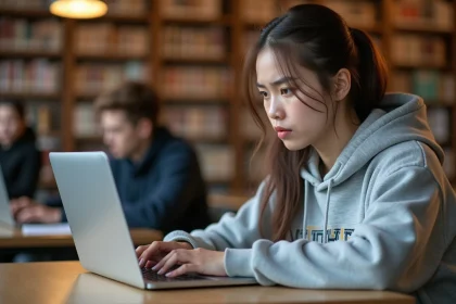 Étudiante connectée à son webmail académique sur un ordinateur portable dans une bibliothèque universitaire