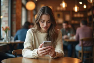 Jeune femme consultant des profils Instagram sur son smartphone dans un café urbain via un navigateur mobile