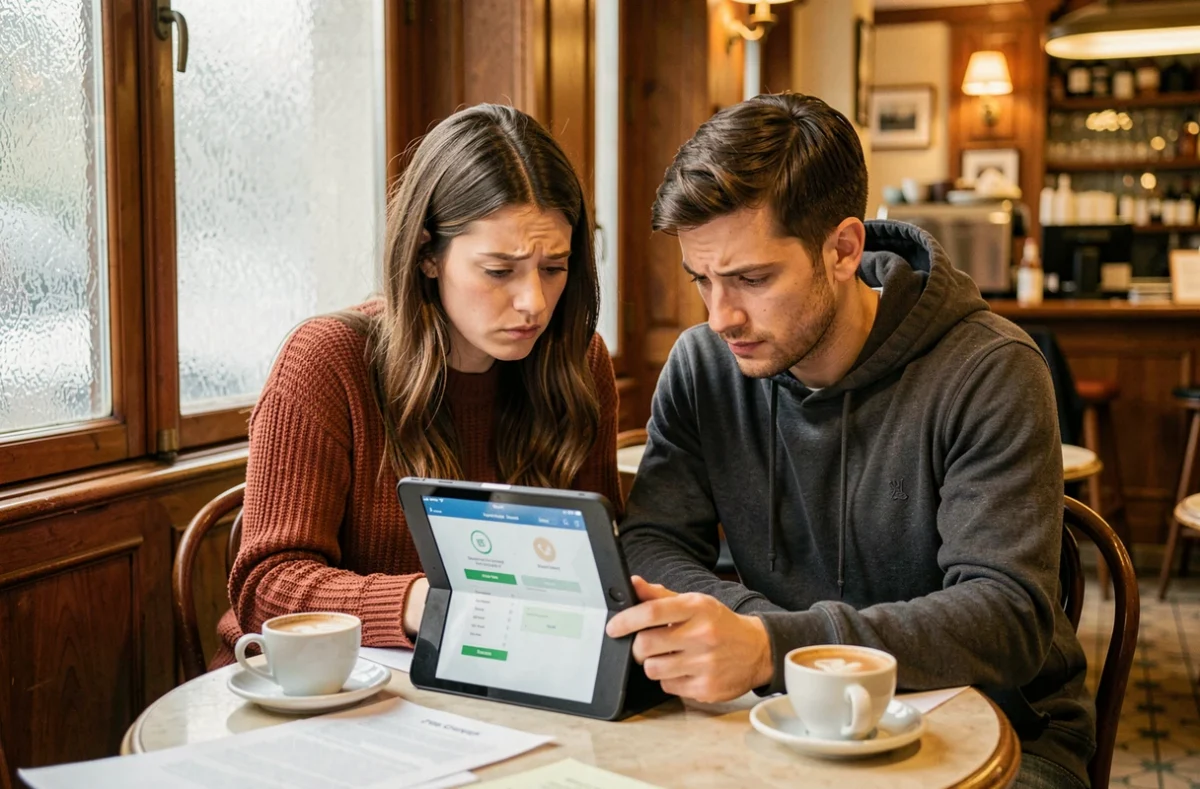 Deux collègues perplexes consultant une application défaillante dans un café d'Orléans pour illustrer les dysfonctionnements de convergence numérique