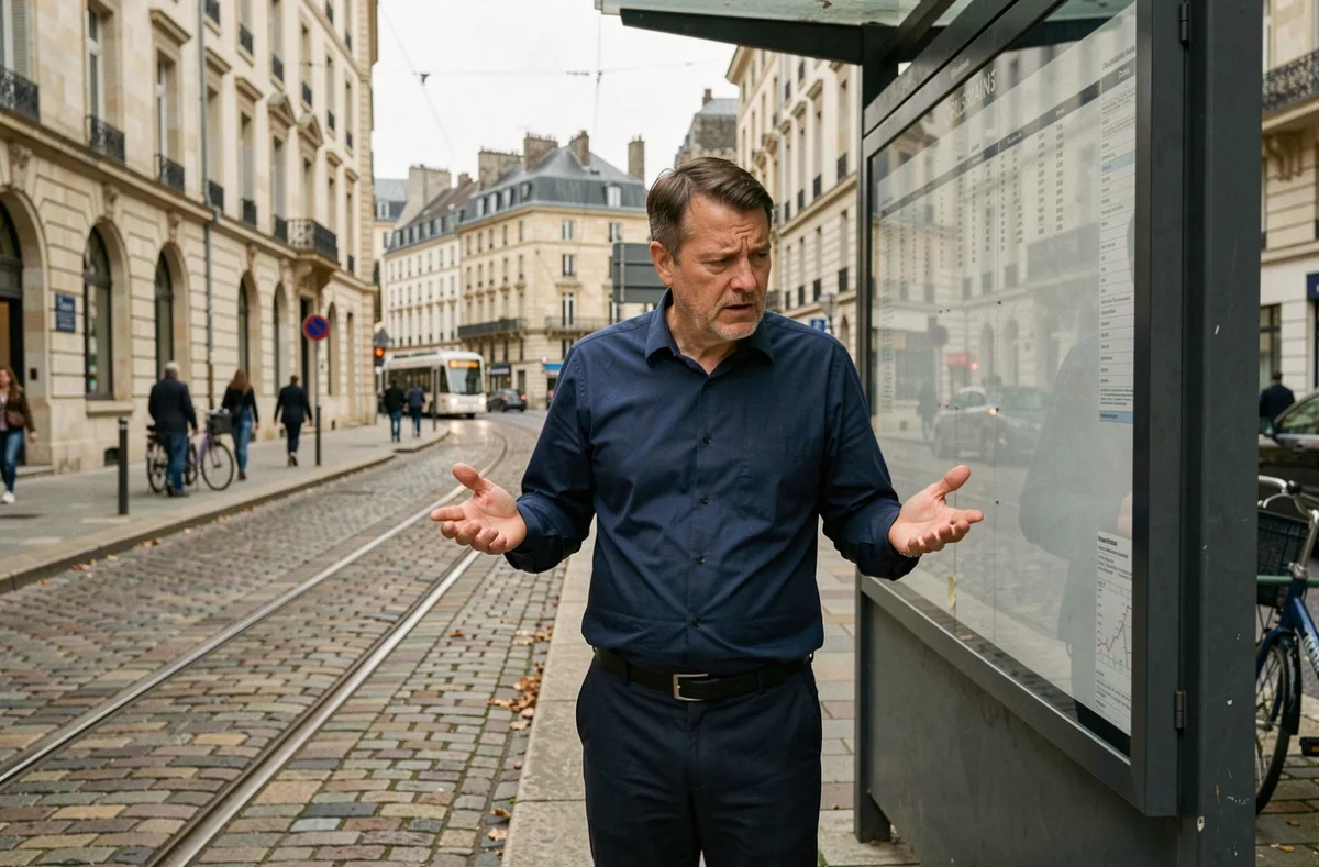 Homme perplexe devant un panneau de transport en commun à Orléans symbolisant l'échec de la convergence des services