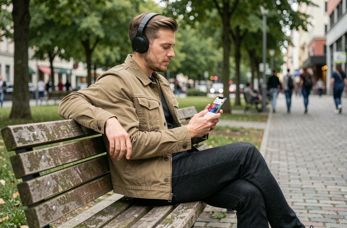 Homme écoutant de la musique téléchargée gratuitement via un convertisseur MP3 YouTube sur son smartphone dans un parc urbain