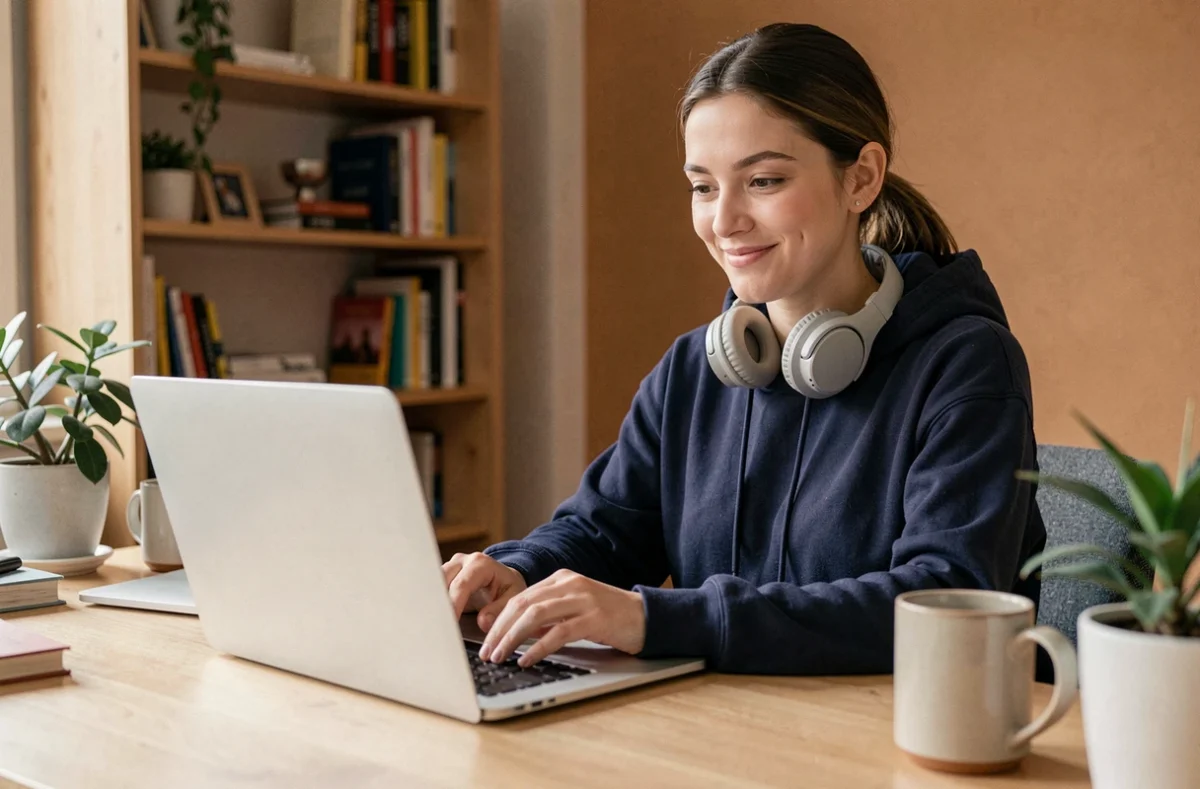 Jeune femme utilisant un convertisseur YouTube MP3 gratuit sur son ordinateur portable depuis son bureau à domicile