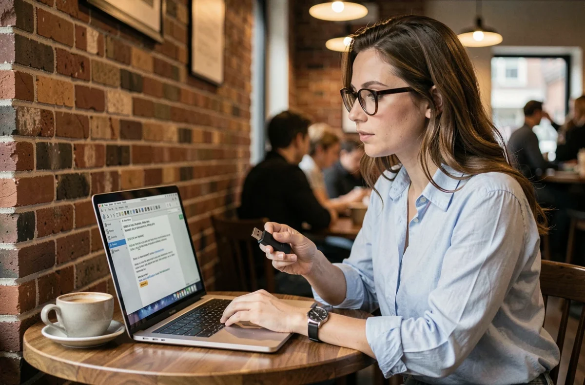 Femme inspectant une erreur de création d'ISO macOS avec une clé USB dans un café urbain